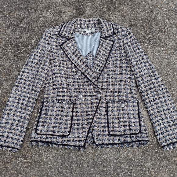 Veronica Beard Theron Tweed Blazer Navy Gold Button Double Breasted 10 NWOT - Picture 2 of 11
